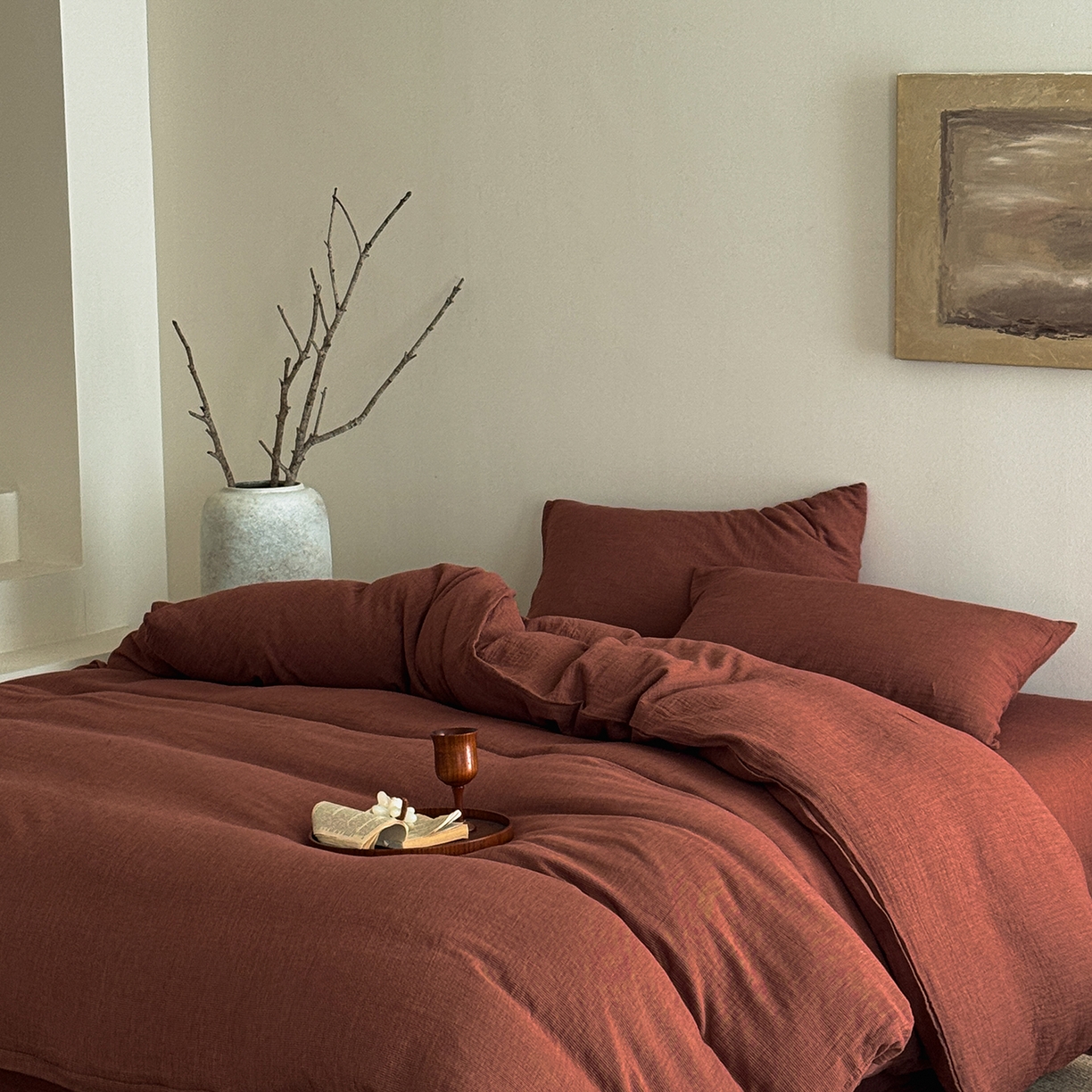 91家纺网 家纺一手货源 找家纺 爱丽丝 2025新款云感色织全棉双层纱四件套 红色