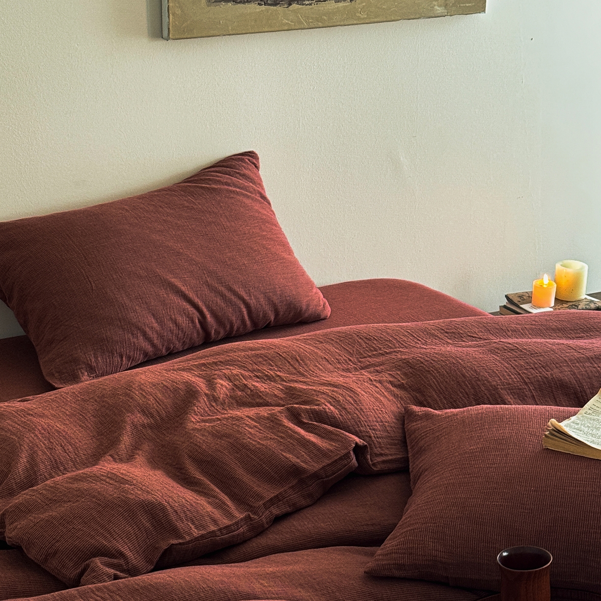 91家纺网 家纺一手货源 找家纺 爱丽丝 2025新款云感色织全棉双层纱四件套 红色