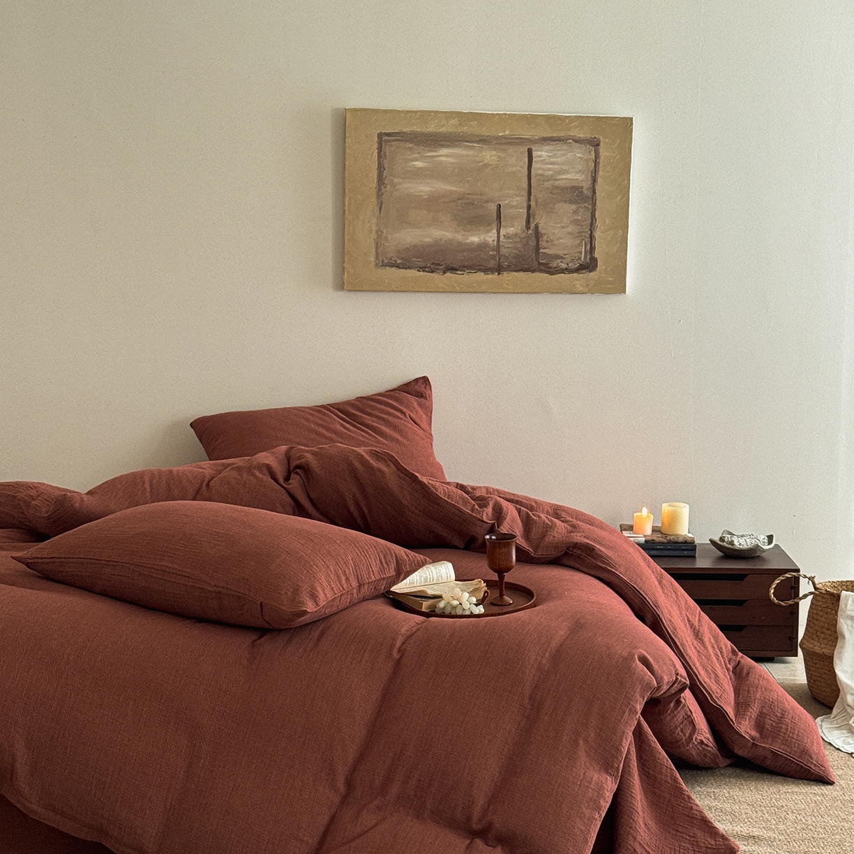 91家纺网 家纺一手货源 找家纺 爱丽丝 2025新款云感色织全棉双层纱四件套 红色