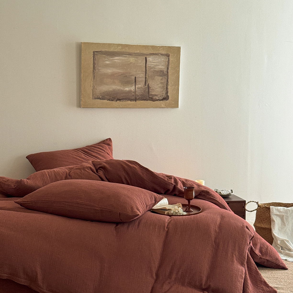 91家纺网 家纺一手货源 找家纺 爱丽丝 2025新款云感色织全棉双层纱四件套 红色