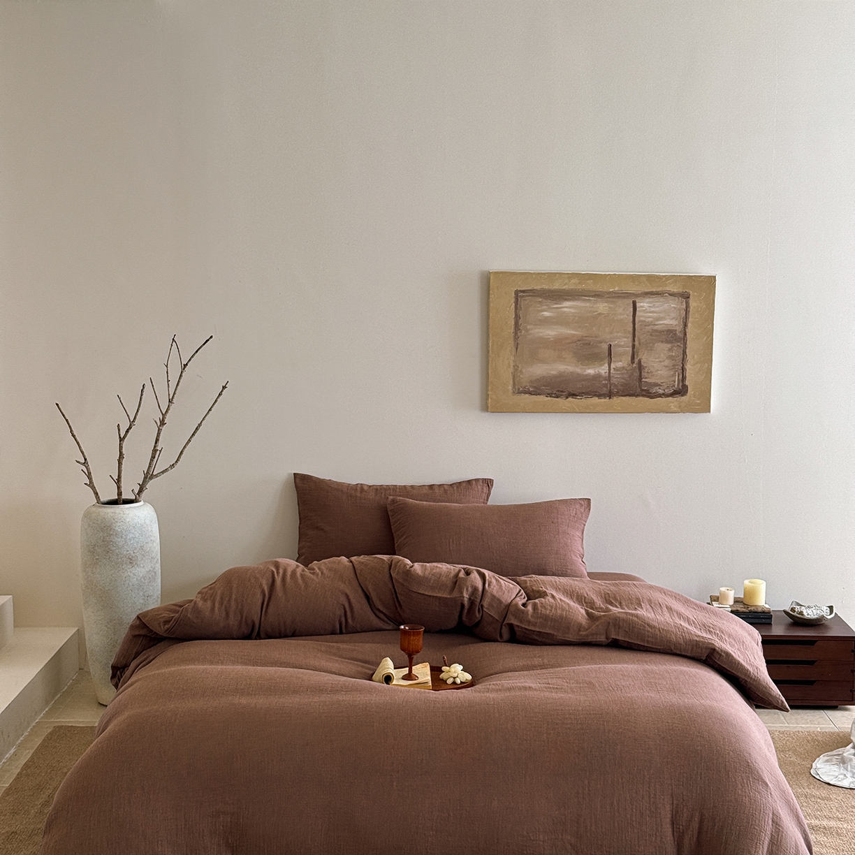 91家纺网 家纺一手货源 找家纺 爱丽丝 2025新款云感色织全棉双层纱四件套 咖色