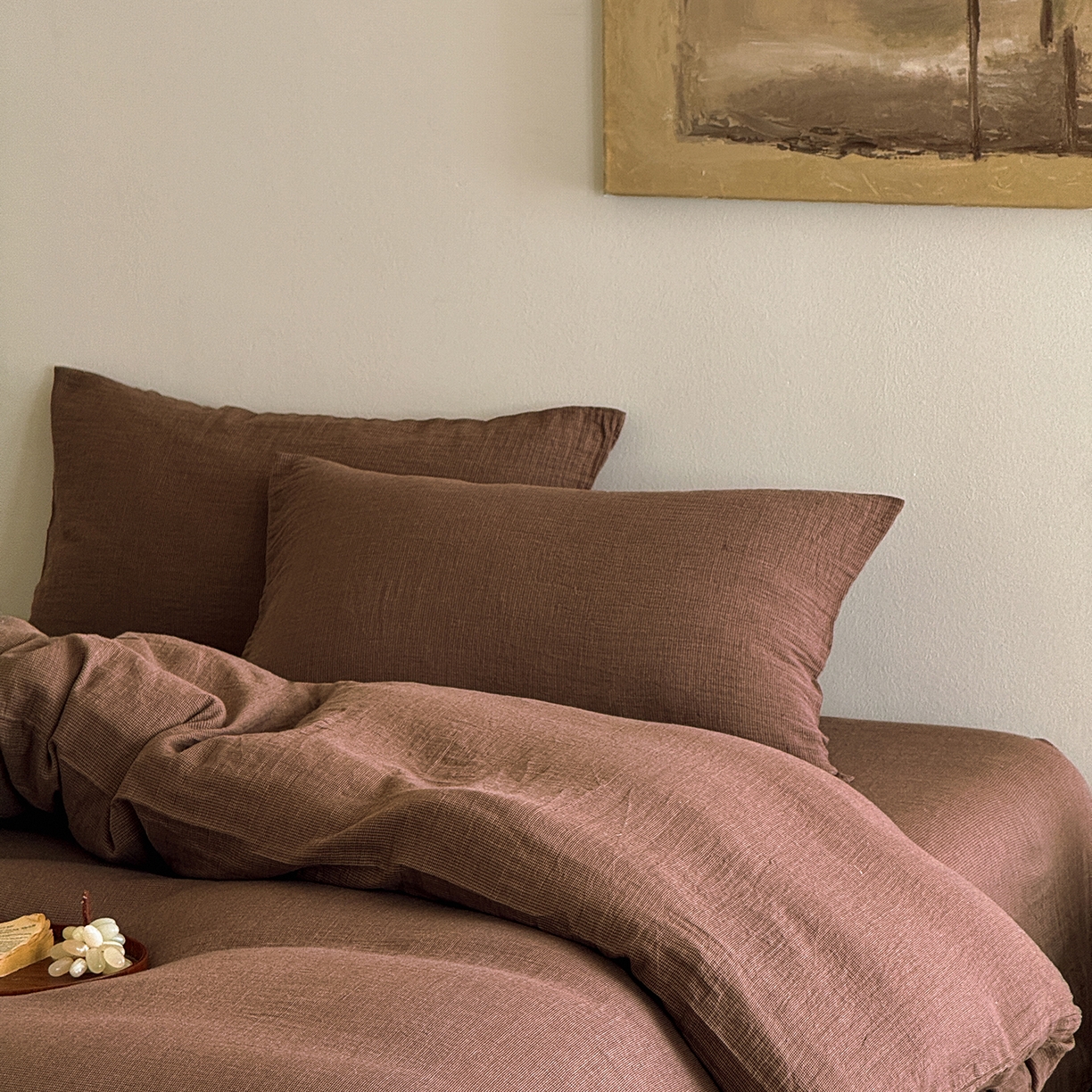 91家纺网 家纺一手货源 找家纺 爱丽丝 2025新款云感色织全棉双层纱四件套 咖色