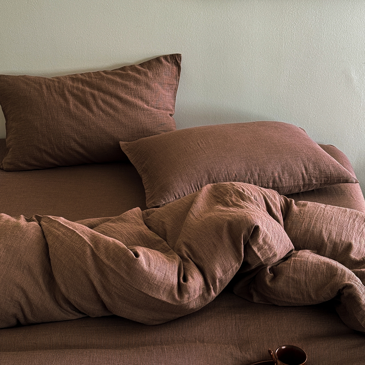 91家纺网 家纺一手货源 找家纺 爱丽丝 2025新款云感色织全棉双层纱四件套 咖色