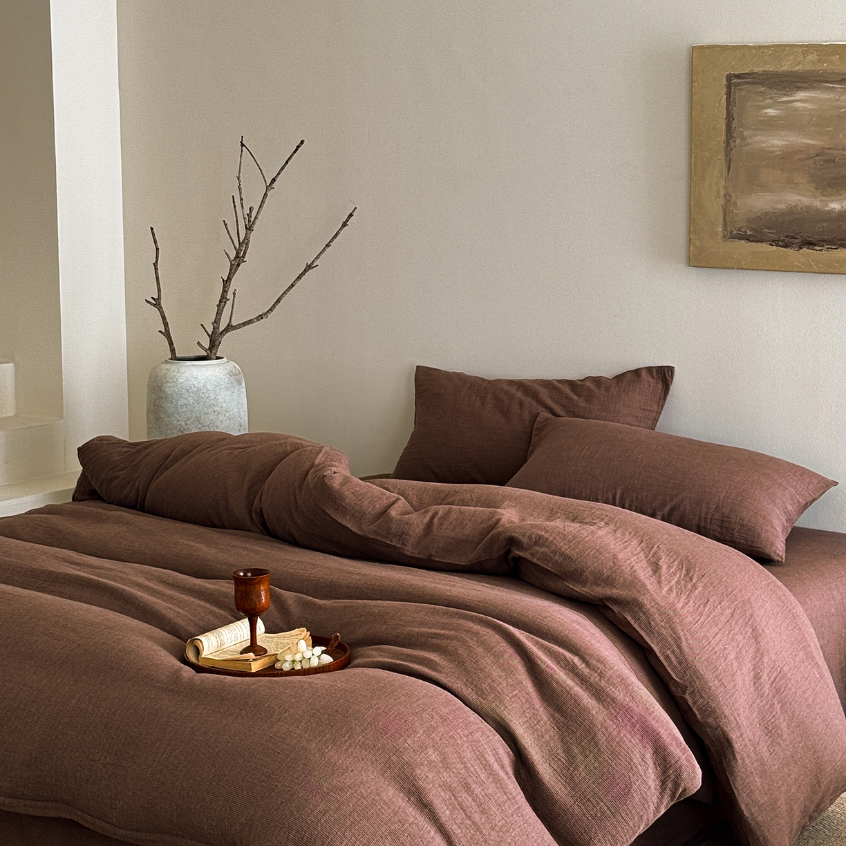 91家纺网 家纺一手货源 找家纺 爱丽丝 2025新款云感色织全棉双层纱四件套 咖色