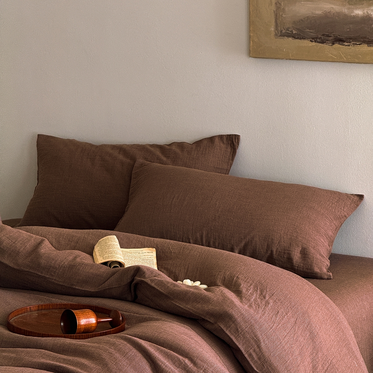 91家纺网 家纺一手货源 找家纺 爱丽丝 2025新款云感色织全棉双层纱四件套 咖色