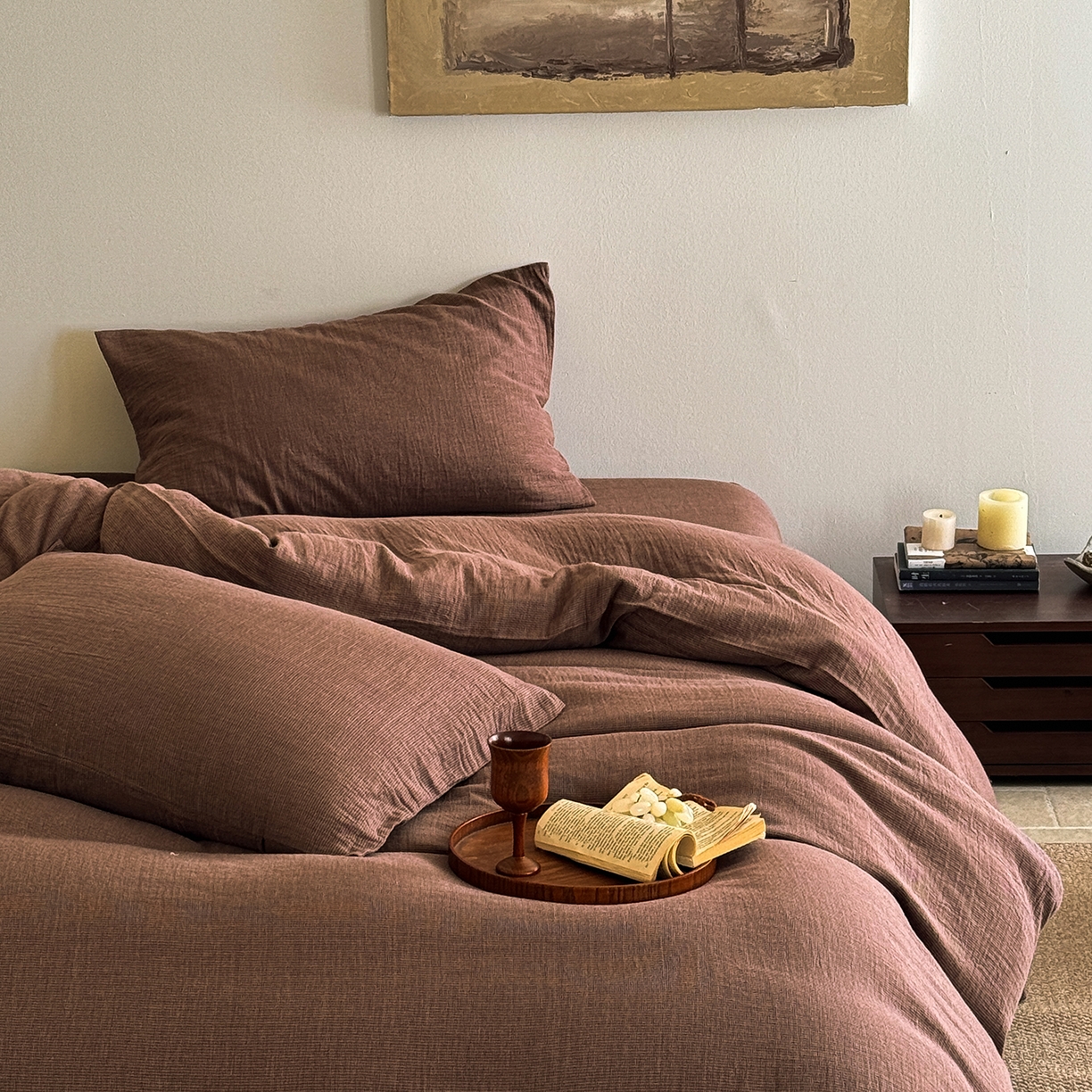 91家纺网 家纺一手货源 找家纺 爱丽丝 2025新款云感色织全棉双层纱四件套 咖色