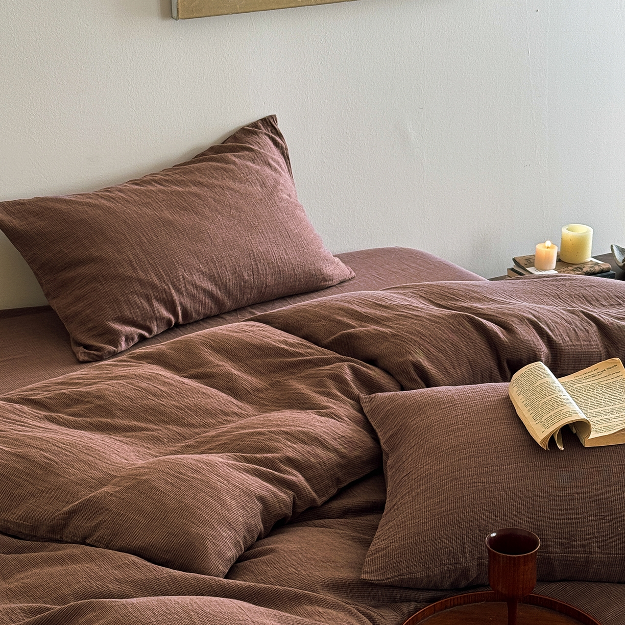 91家纺网 家纺一手货源 找家纺 爱丽丝 2025新款云感色织全棉双层纱四件套 咖色