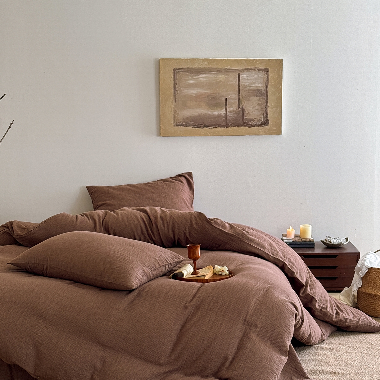 91家纺网 家纺一手货源 找家纺 爱丽丝 2025新款云感色织全棉双层纱四件套 咖色