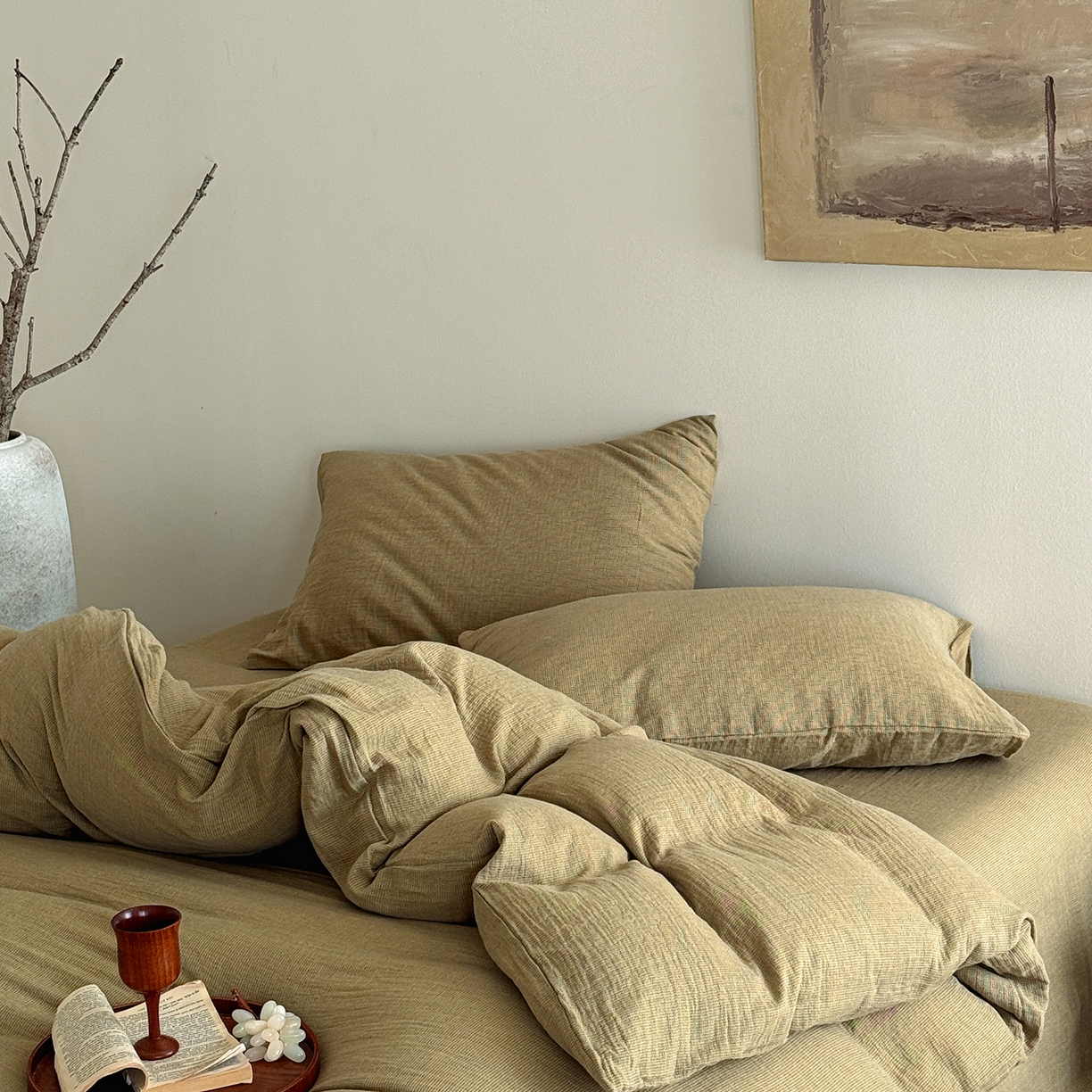 91家纺网 家纺一手货源 找家纺 爱丽丝 2025新款云感色织全棉双层纱四件套 绿色