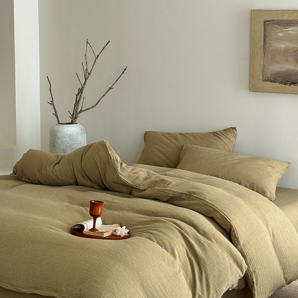 91家纺网 家纺一手货源 找家纺 爱丽丝 2025新款云感色织全棉双层纱四件套 绿色