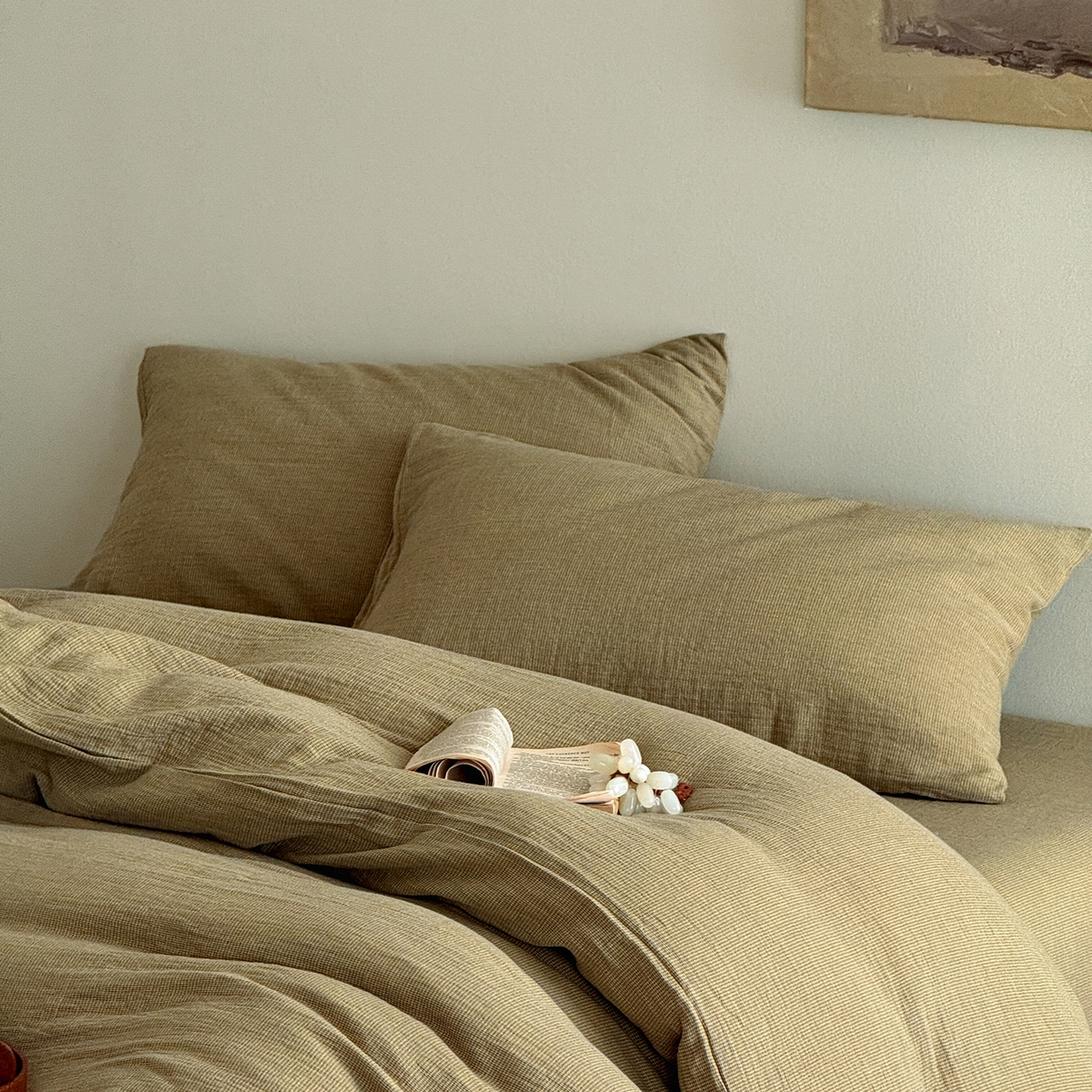 91家纺网 家纺一手货源 找家纺 爱丽丝 2025新款云感色织全棉双层纱四件套 绿色