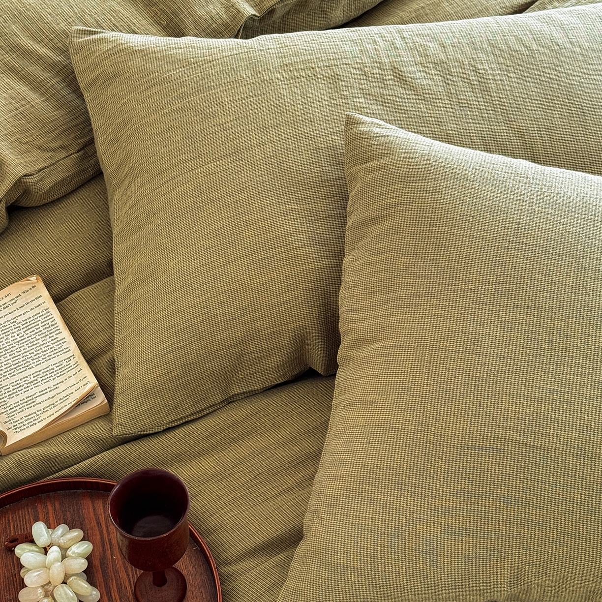 91家纺网 家纺一手货源 找家纺 爱丽丝 2025新款云感色织全棉双层纱四件套 绿色