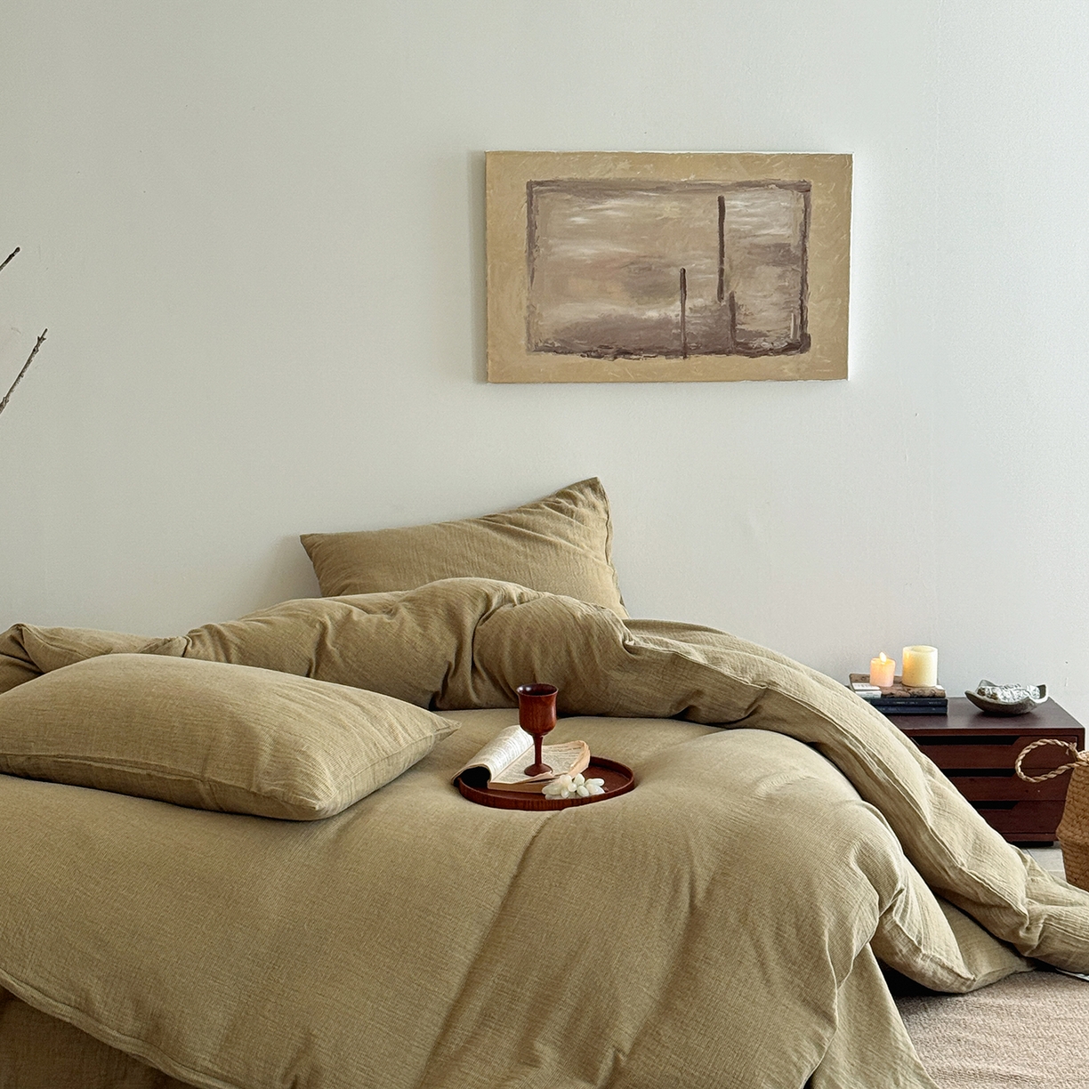 91家纺网 家纺一手货源 找家纺 爱丽丝 2025新款云感色织全棉双层纱四件套 绿色