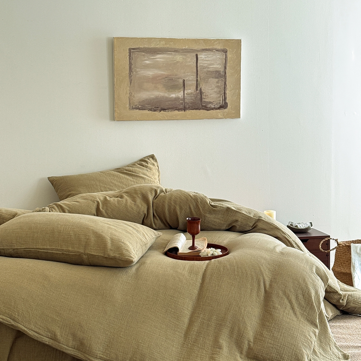 91家纺网 家纺一手货源 找家纺 爱丽丝 2025新款云感色织全棉双层纱四件套 绿色