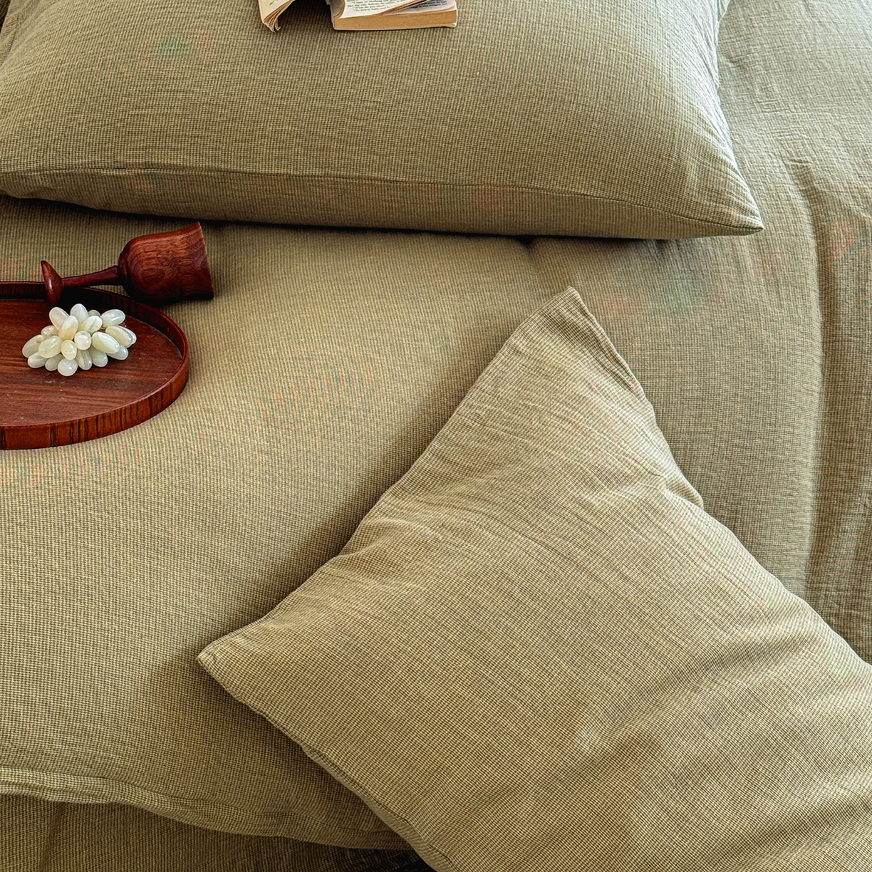 91家纺网 家纺一手货源 找家纺 爱丽丝 2025新款云感色织全棉双层纱四件套 绿色