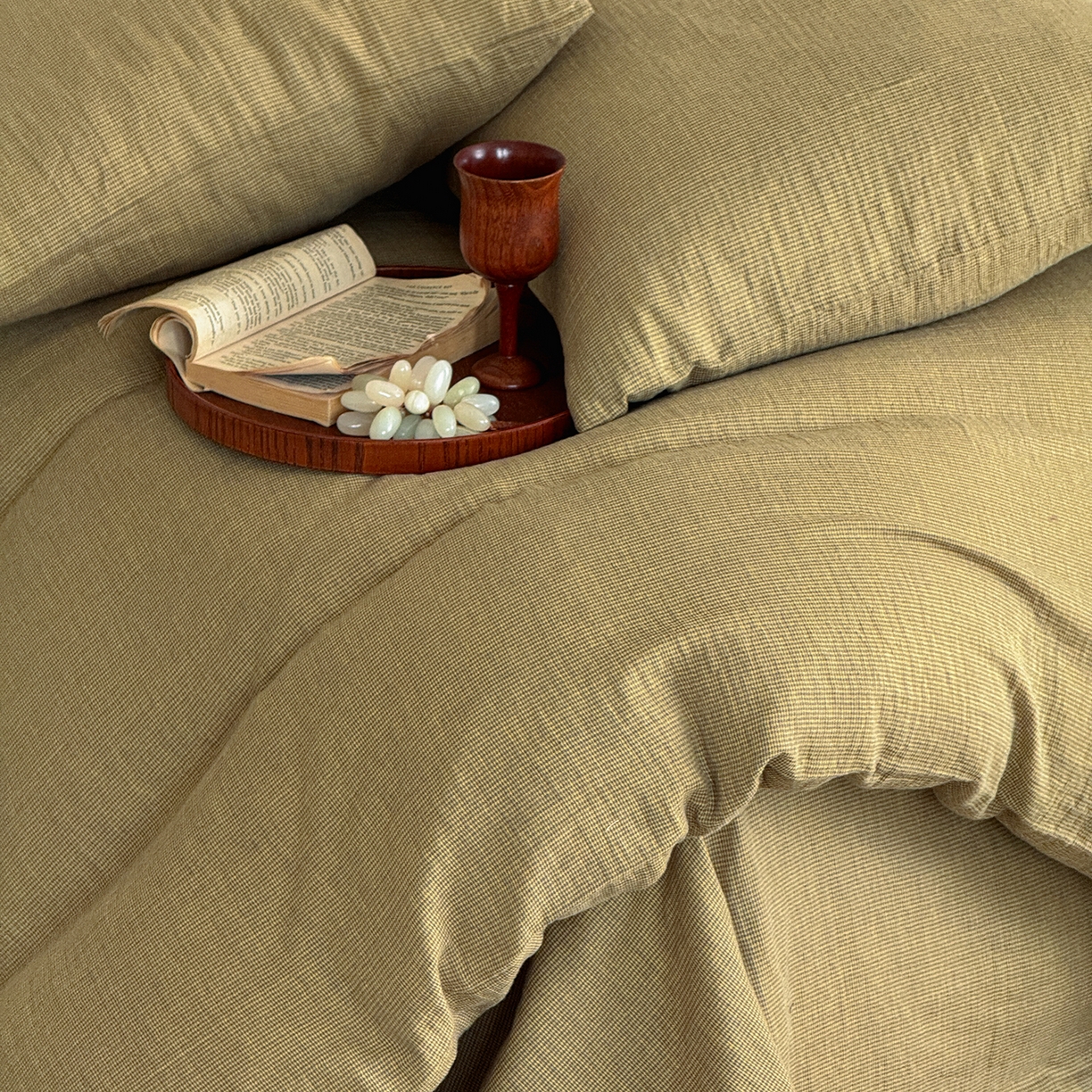 91家纺网 家纺一手货源 找家纺 爱丽丝 2025新款云感色织全棉双层纱四件套 绿色