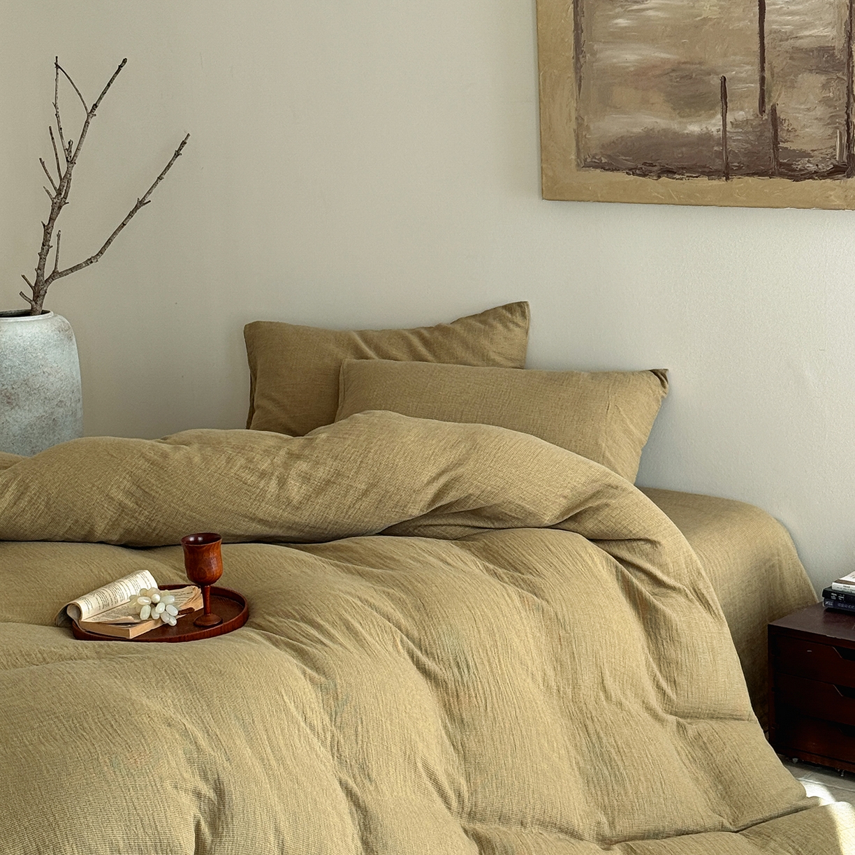 91家纺网 家纺一手货源 找家纺 爱丽丝 2025新款云感色织全棉双层纱四件套 绿色