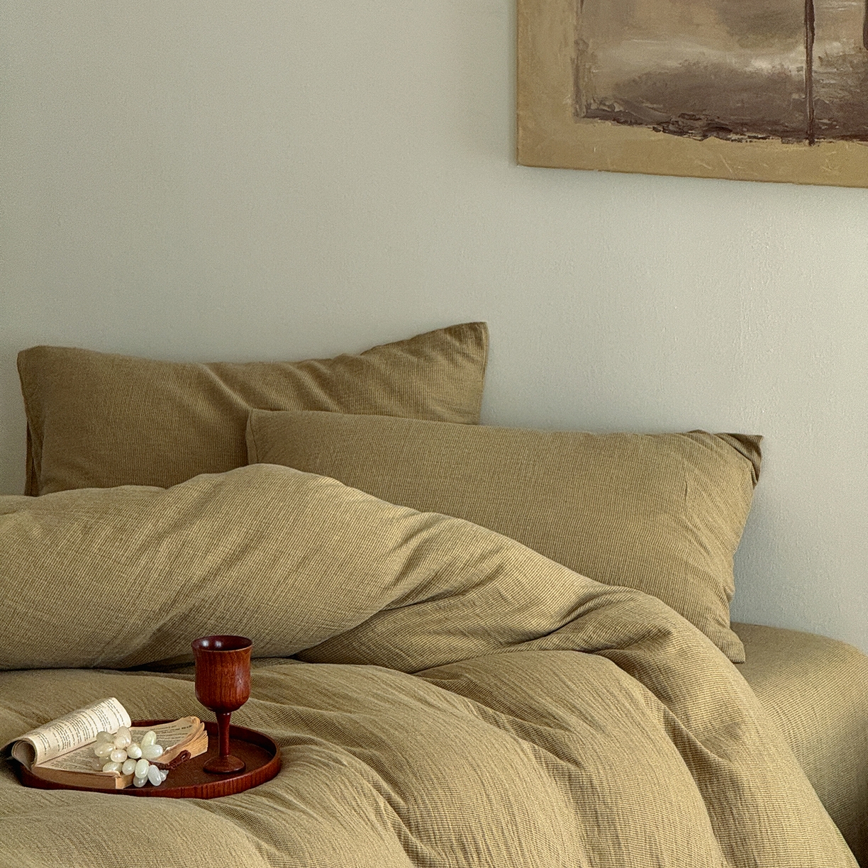 91家纺网 家纺一手货源 找家纺 爱丽丝 2025新款云感色织全棉双层纱四件套 绿色