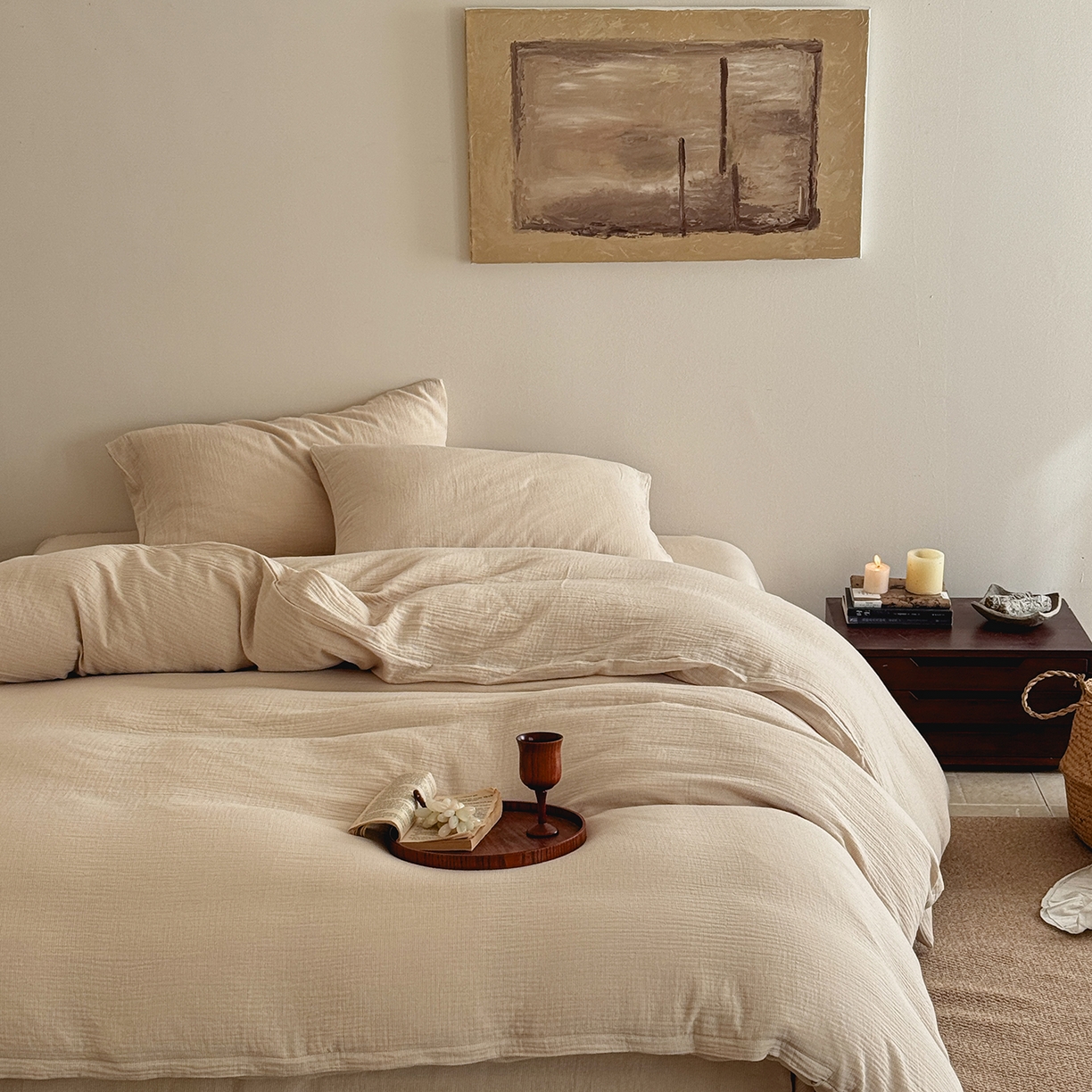 爱丽丝 2025新款云感色织全棉双层纱四件套 米色