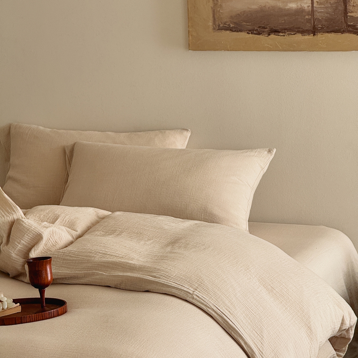 91家纺网 家纺一手货源 找家纺 爱丽丝 2025新款云感色织全棉双层纱四件套 米色