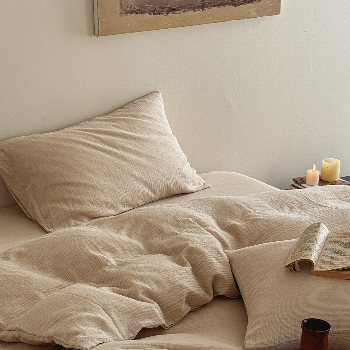 91家纺网 家纺一手货源 找家纺 爱丽丝 2025新款云感色织全棉双层纱四件套 米色