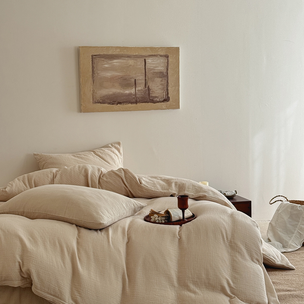 91家纺网 家纺一手货源 找家纺 爱丽丝 2025新款云感色织全棉双层纱四件套 米色