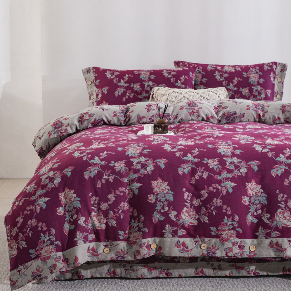 91家纺网 家纺一手货源 找家纺 （总）仰望棉麻双层纱供应链 2026新款浓清爱意全棉纯棉色织提花纽扣款四件套