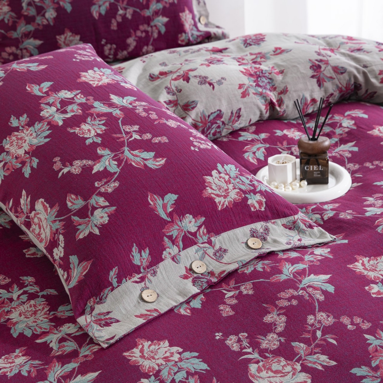 91家纺网 家纺一手货源 找家纺 （总）仰望棉麻双层纱供应链 2026新款浓清爱意全棉纯棉色织提花纽扣款四件套