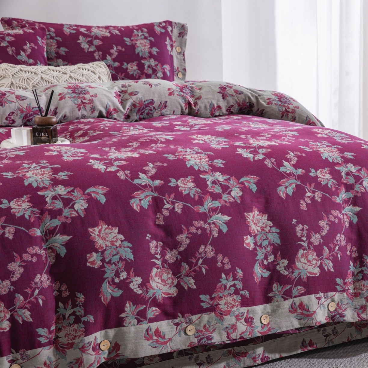 91家纺网 家纺一手货源 找家纺 （总）仰望棉麻双层纱供应链 2026新款浓清爱意全棉纯棉色织提花纽扣款四件套