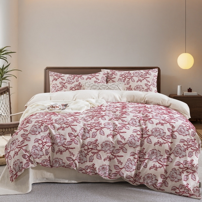 仰望棉麻双层纱供应链 2026新款梦华录棉麻剪花高奢款四件套 梦华录-红