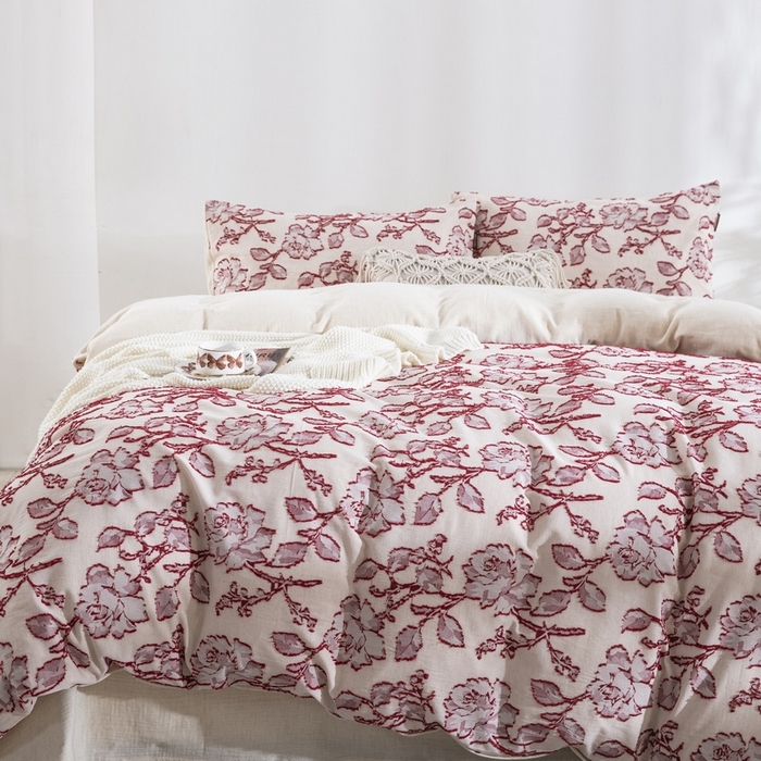 91家纺网 家纺一手货源 找家纺 仰望棉麻双层纱供应链 2026新款梦华录棉麻剪花高奢款四件套 梦华录-红