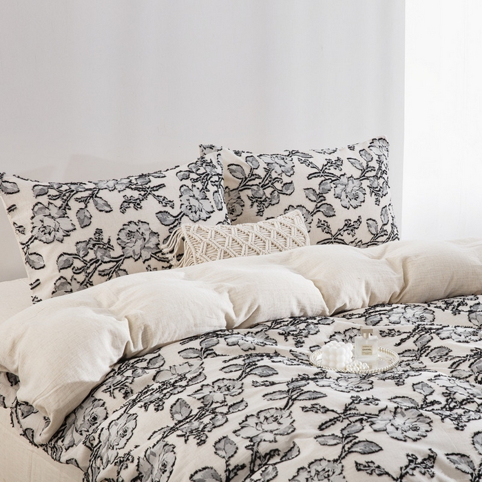 91家纺网 家纺一手货源 找家纺 仰望棉麻双层纱供应链 2026新款梦华录棉麻剪花高奢款四件套 梦华录-灰