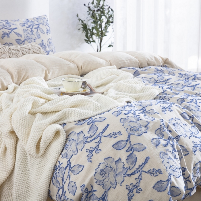 91家纺网 家纺一手货源 找家纺 仰望棉麻双层纱供应链 2026新款梦华录棉麻剪花高奢款四件套 梦华录-蓝