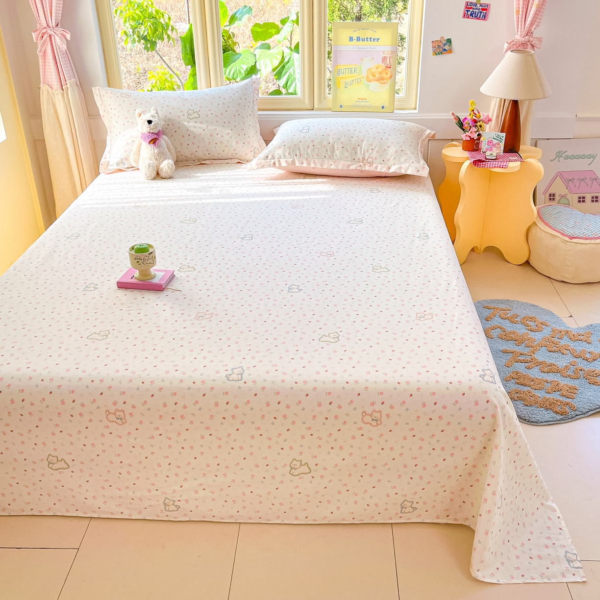 91家纺网 家纺一手货源 找家纺 莱通家纺 2026春夏新款全棉12868印花四件套单品系列-单床单 玫瑰小狗