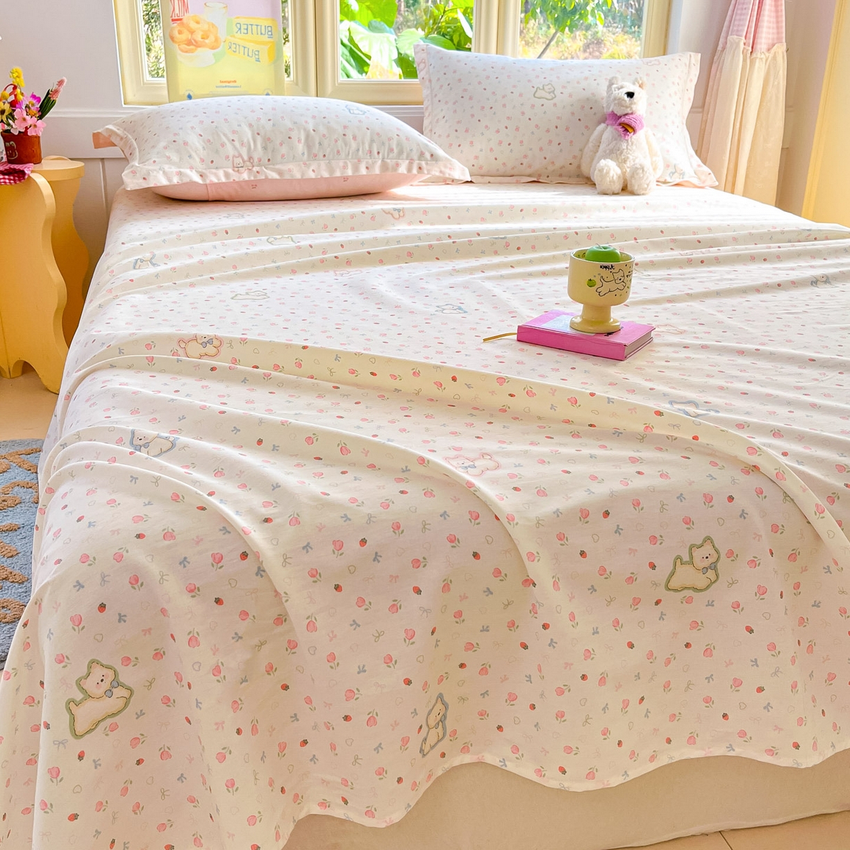 91家纺网 家纺一手货源 找家纺 莱通家纺 2026春夏新款全棉12868印花四件套单品系列-单床单 玫瑰小狗