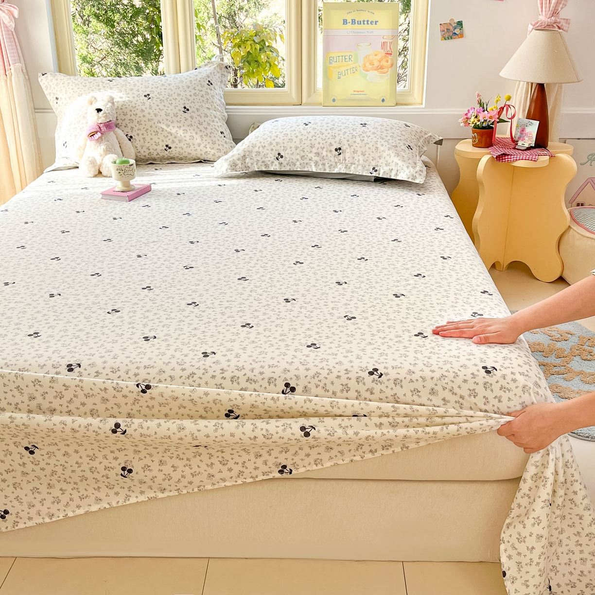 91家纺网 家纺一手货源 找家纺 莱通家纺 2026春夏新款全棉12868印花四件套单品系列-单床单 墨兰樱桃