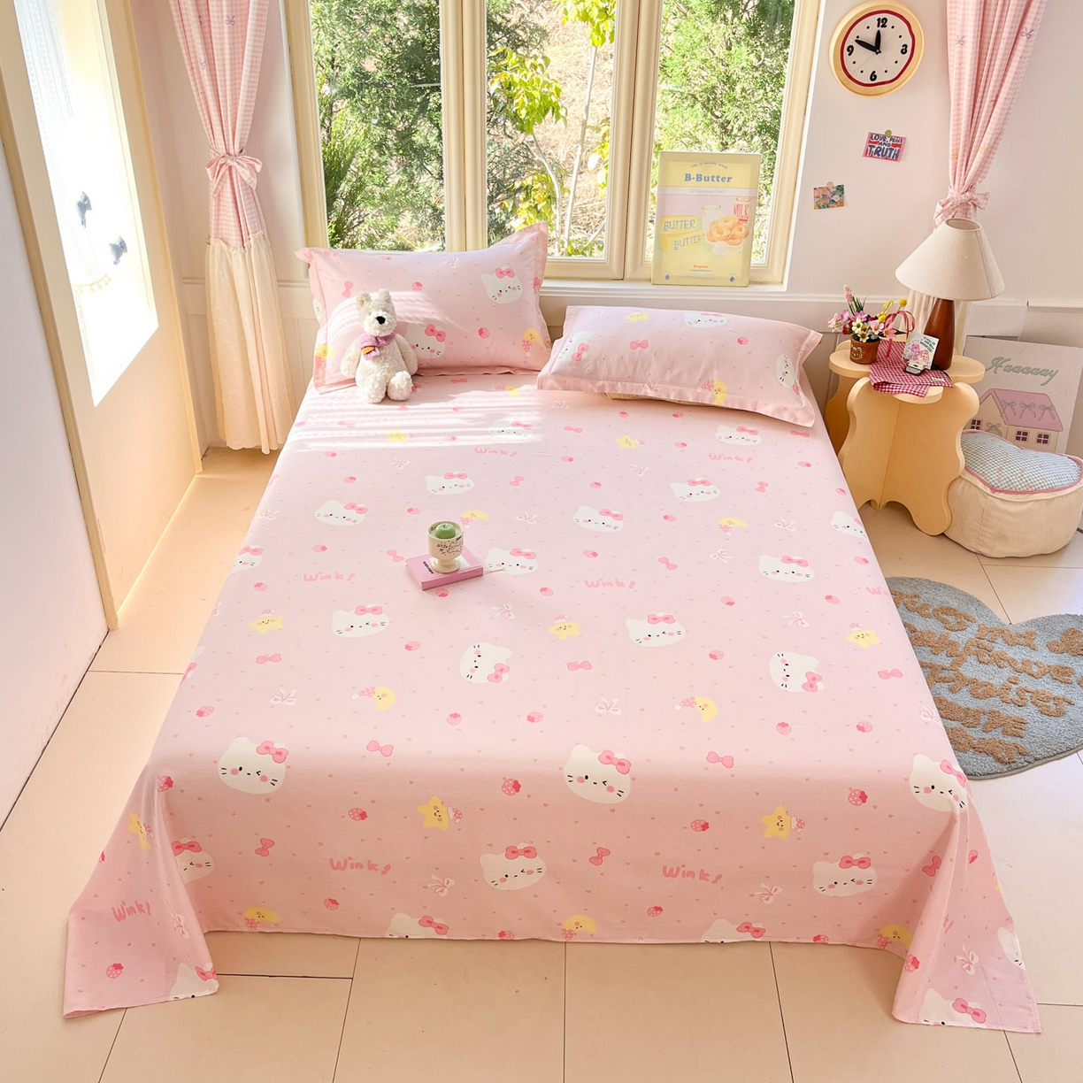 91家纺网 家纺一手货源 找家纺 莱通家纺 2026春夏新款全棉12868印花四件套单品系列-单床单 奶油凯蒂