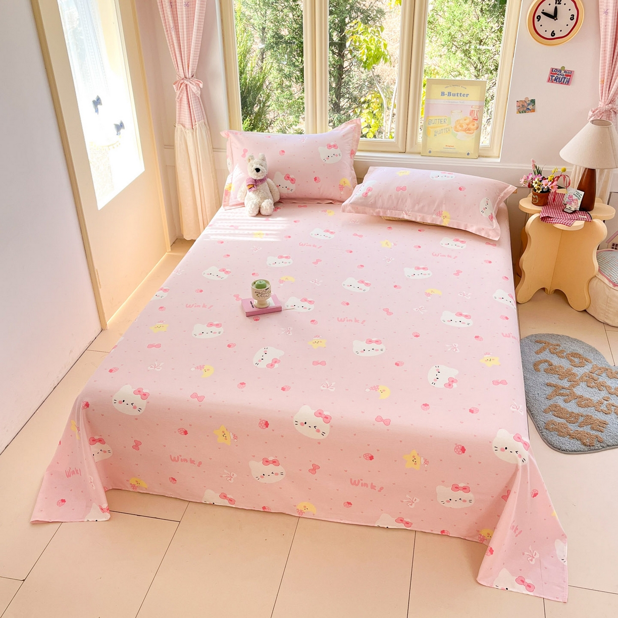 91家纺网 家纺一手货源 找家纺 莱通家纺 2026春夏新款全棉12868印花四件套单品系列-单床单 奶油凯蒂