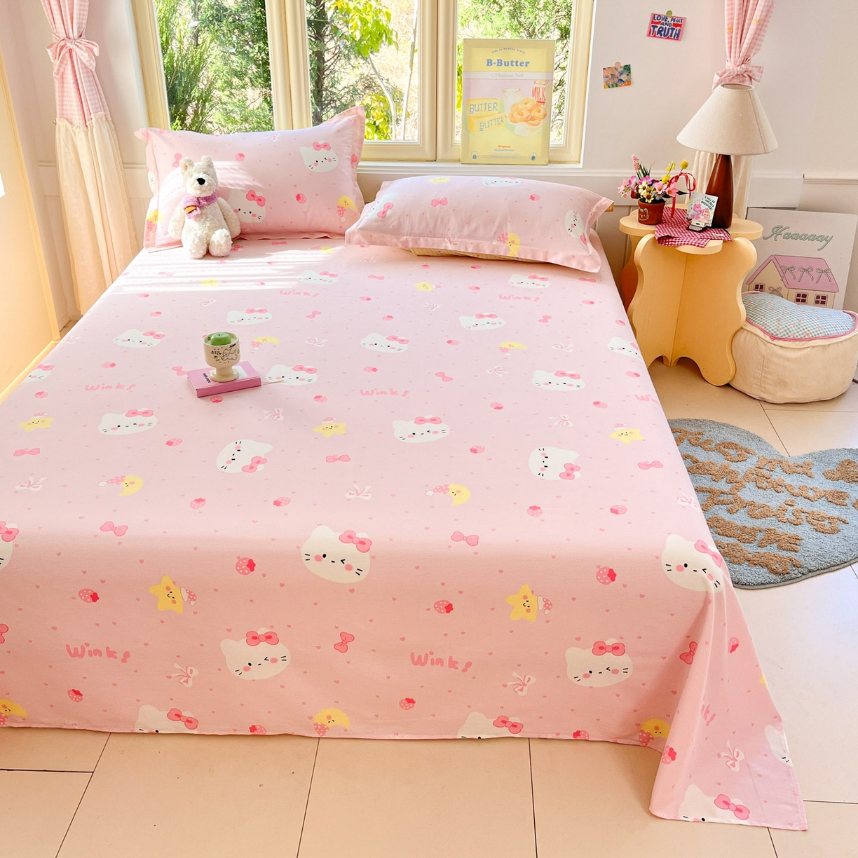 91家纺网 家纺一手货源 找家纺 莱通家纺 2026春夏新款全棉12868印花四件套单品系列-单床单 奶油凯蒂