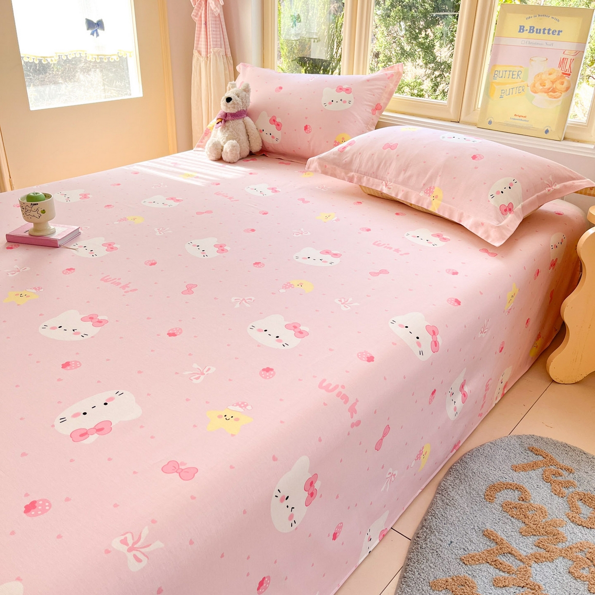 91家纺网 家纺一手货源 找家纺 莱通家纺 2026春夏新款全棉12868印花四件套单品系列-单床单 奶油凯蒂