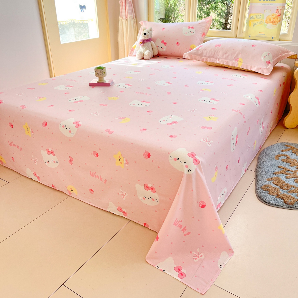 91家纺网 家纺一手货源 找家纺 莱通家纺 2026春夏新款全棉12868印花四件套单品系列-单床单 奶油凯蒂