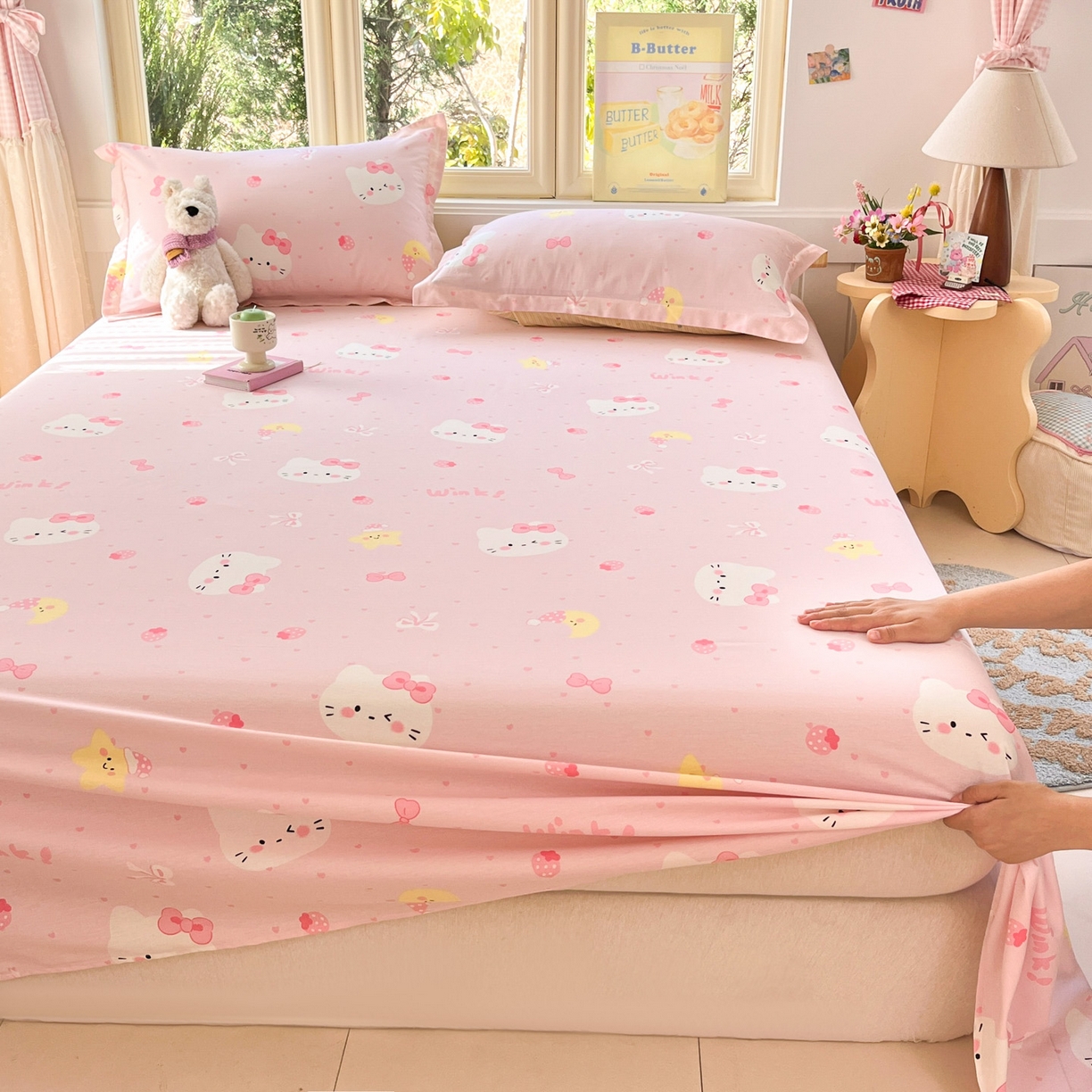 91家纺网 家纺一手货源 找家纺 莱通家纺 2026春夏新款全棉12868印花四件套单品系列-单床单 奶油凯蒂