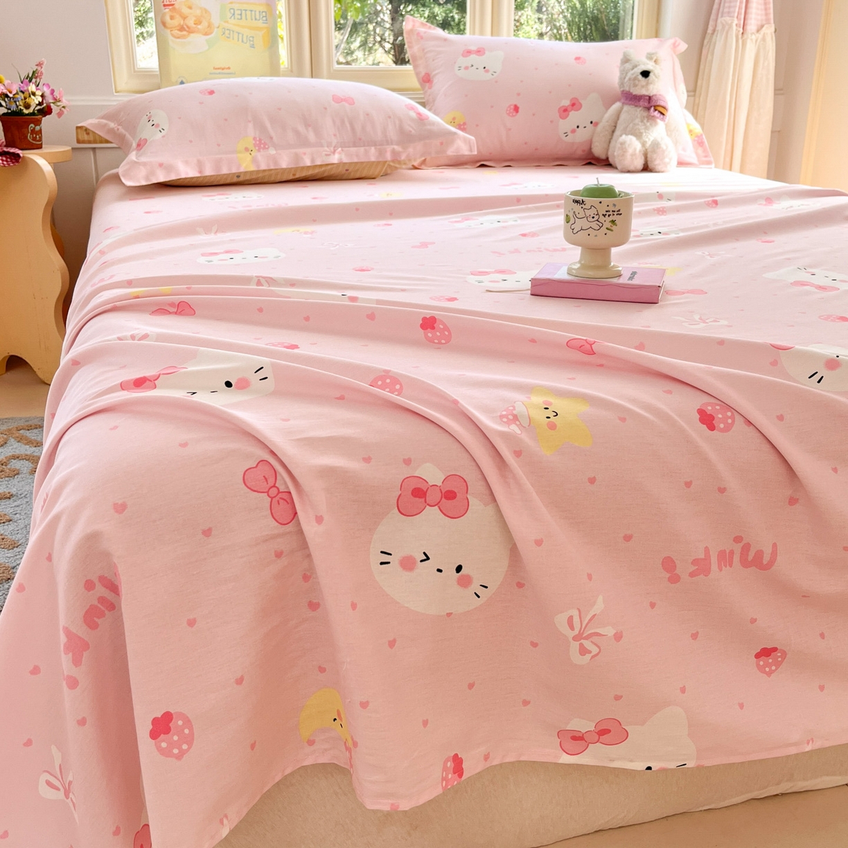 91家纺网 家纺一手货源 找家纺 莱通家纺 2026春夏新款全棉12868印花四件套单品系列-单床单 奶油凯蒂