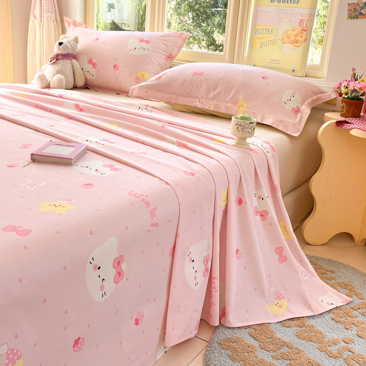 91家纺网 家纺一手货源 找家纺 莱通家纺 2026春夏新款全棉12868印花四件套单品系列-单床单 奶油凯蒂