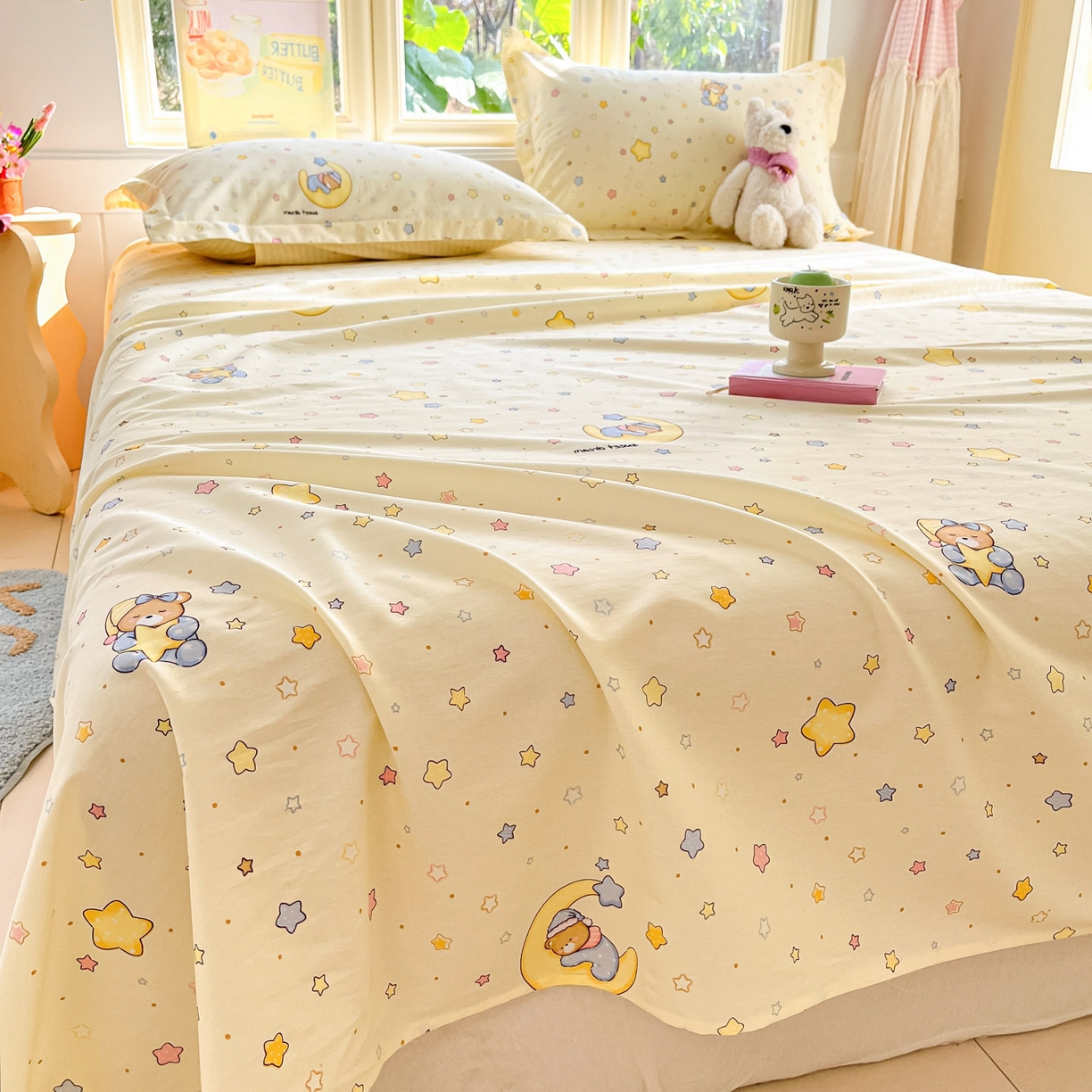 91家纺网 家纺一手货源 找家纺 莱通家纺 2026春夏新款全棉12868印花四件套单品系列-单床单 睡梦熊