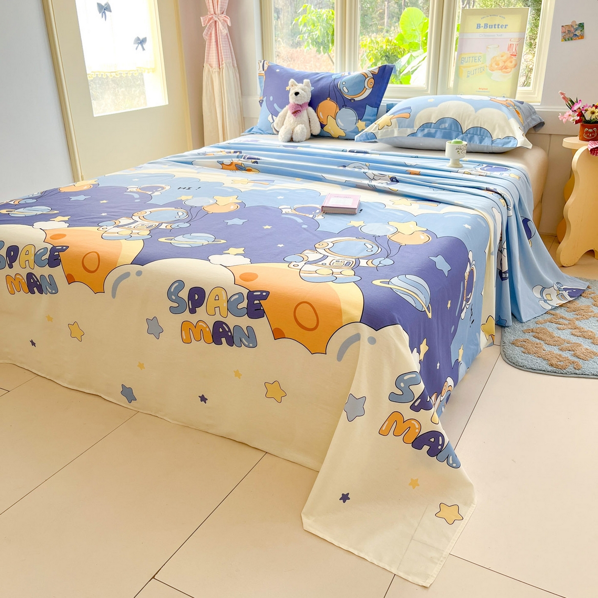 91家纺网 家纺一手货源 找家纺 莱通家纺 2026春夏新款全棉12868印花四件套单品系列-单床单 太空梦乐园