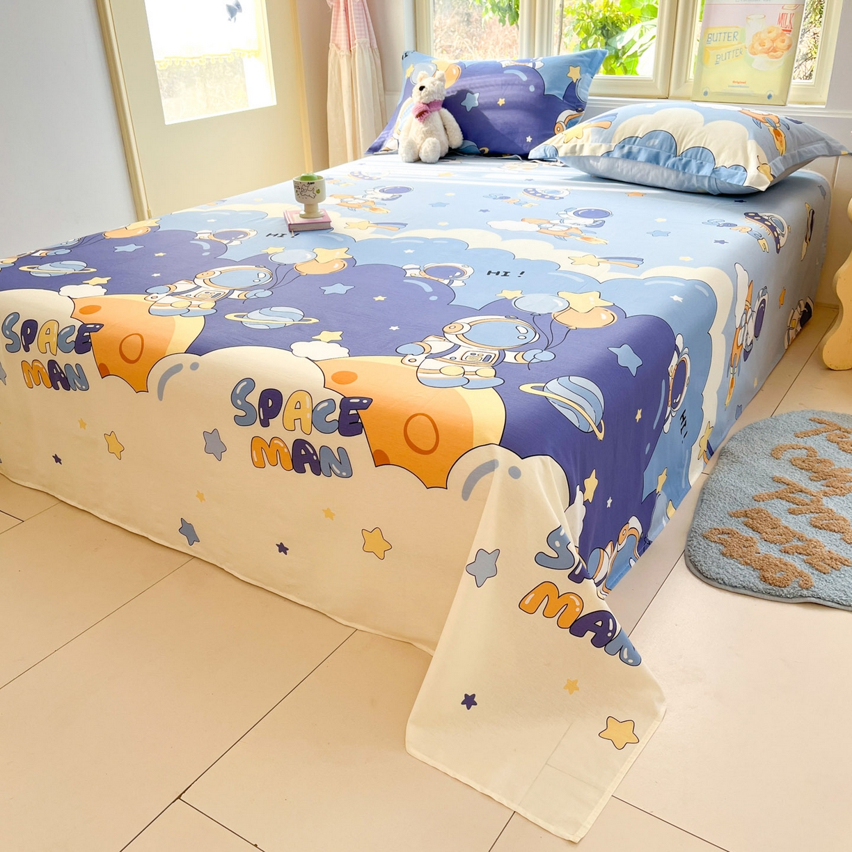 91家纺网 家纺一手货源 找家纺 莱通家纺 2026春夏新款全棉12868印花四件套单品系列-单床单 太空梦乐园