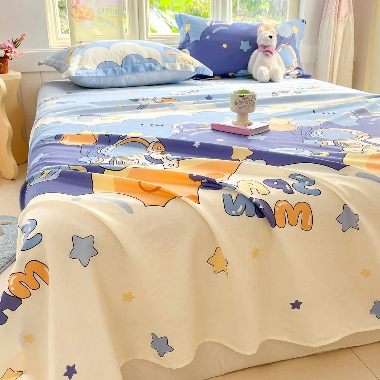 91家纺网 家纺一手货源 找家纺 莱通家纺 2026春夏新款全棉12868印花四件套单品系列-单床单 太空梦乐园