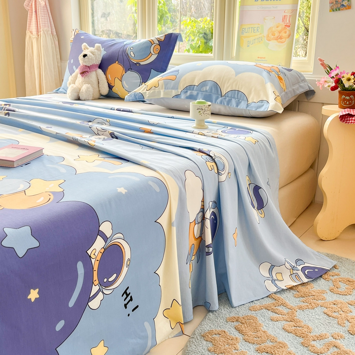 91家纺网 家纺一手货源 找家纺 莱通家纺 2026春夏新款全棉12868印花四件套单品系列-单床单 太空梦乐园