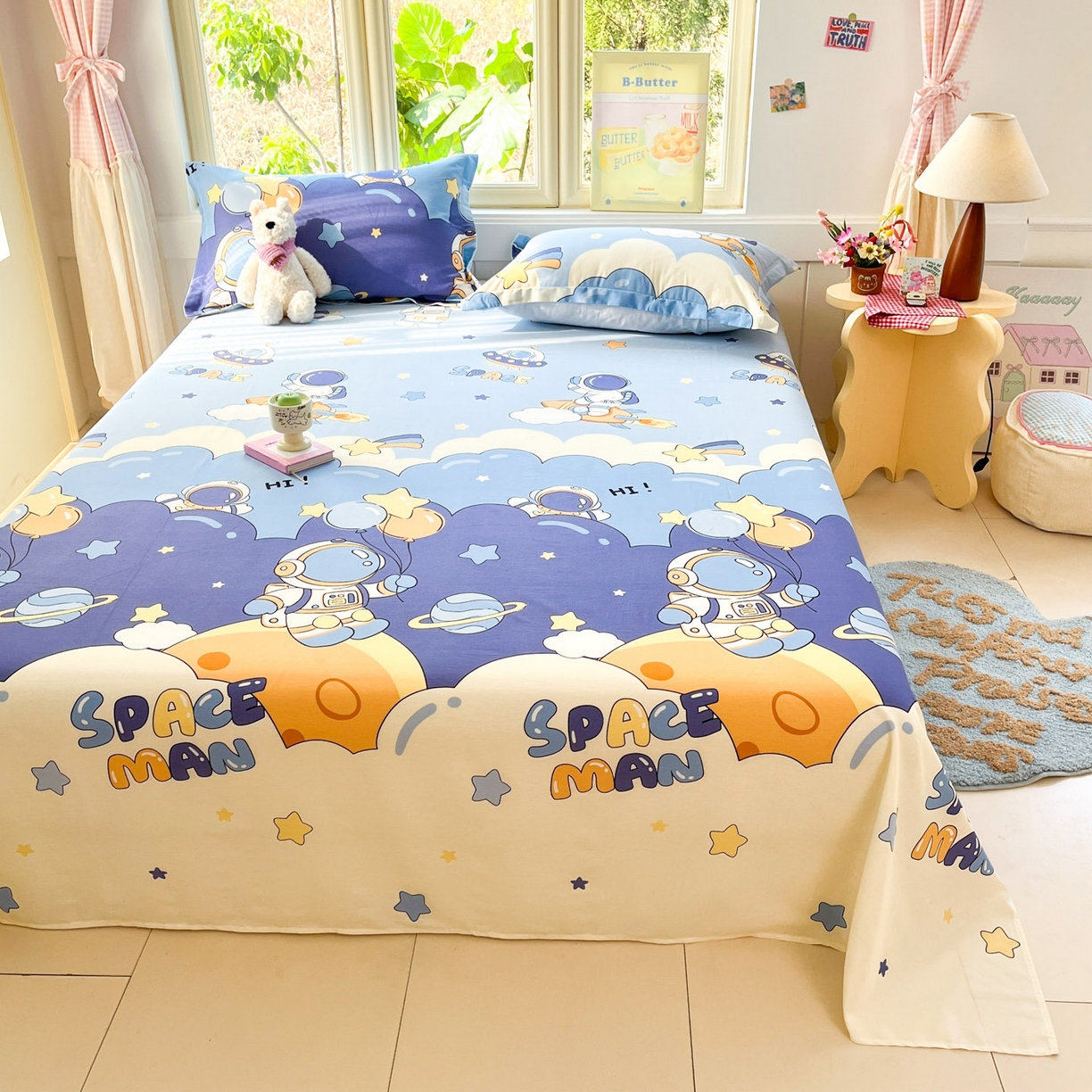 91家纺网 家纺一手货源 找家纺 莱通家纺 2026春夏新款全棉12868印花四件套单品系列-单床单 太空梦乐园